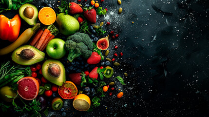 A vibrant assortment of fruits and vegetables on a dark background, representing healthy eating and natural nutrition. Space for text copy spacecopy space