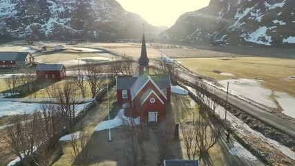 Wall Mural - Aerial view of Lofoten Islands beautiful landscape during winter