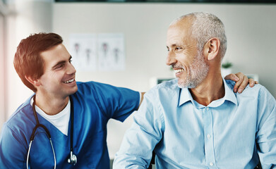 Poster - Doctor, man and smile in hospital for support, healthcare and service for wellness. Medical professional or expert, happy and elderly patient with dementia or Alzheimers in clinic for treatment