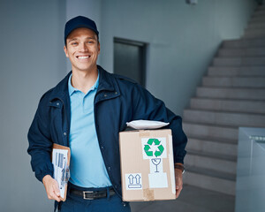 Aufkleber - Courier, portrait and smile with box, clipboard and ecommerce with package or cargo. Businessman, delivery man and shipping with logistics, parcel and supply chain for online retail and freight
