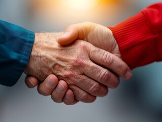 Close-up of two individuals shaking hands, symbolizing agreement and partnership. Unity and collaboration concept.