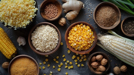 Close up of spices and seasonings on wooden table at home