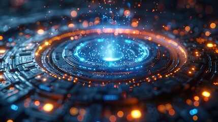 Poster - Futuristic and Sleek Background for Interactive Game with Holographic Elements and Circular Portal, Representing Exploration into Another Dimension with Glowing Accents, Innovation