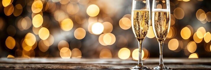 Wall Mural - Two champagne glasses are on a table with a blurry background. Scene is celebratory and festive