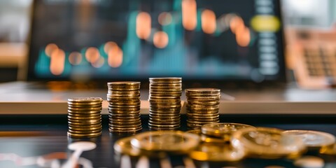 Poster - A pile of gold coins sits on a table next to a laptop. The coins are stacked in a pyramid shape, and the laptop screen behind them shows a graph of some sort. Concept of wealth and prosperity