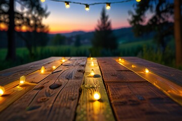 Wall Mural - Empty Wood table top with decorative outdoor string lights hanging on trees in the garden at sunset time, blue, rad, green, yellow..