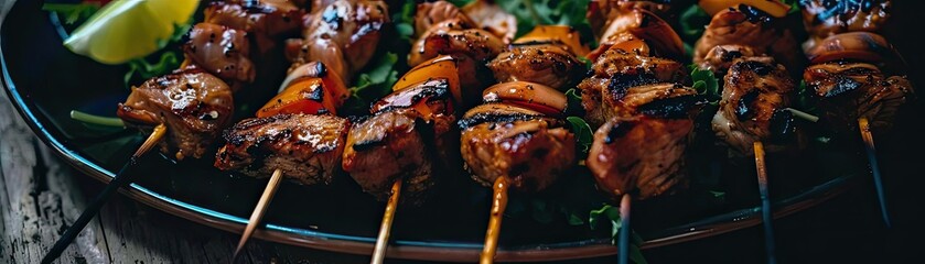 Canvas Print - Close-up of delicious grilled meat skewers with vegetables on a dark plate garnished with fresh greens and lemon wedge.