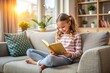 © nilawan - Young girl reading a book on a couch.