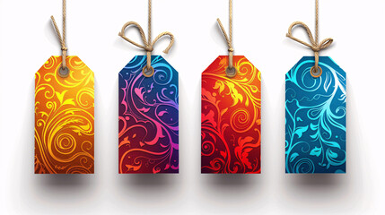 Vibrant sale tags with fiery designs and shadows, on white background