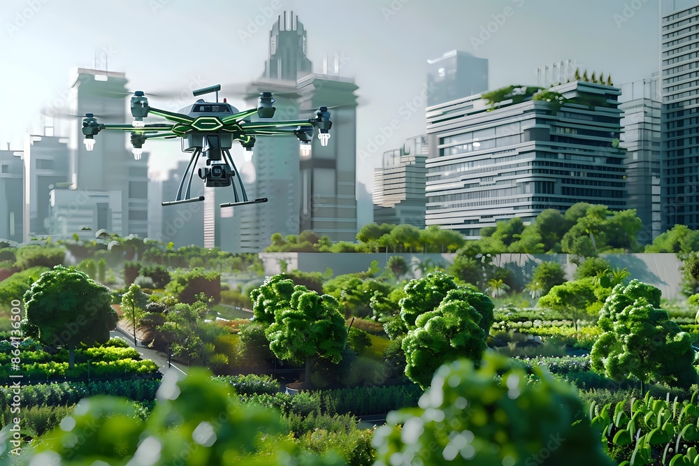 Drone flying over a green city with modern skyscrapers and urban farm ...