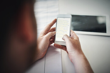 Poster - Business, hands or man with phone screen in office for social media, streaming or inbox check, chat or text. Smartphone, tech and entrepreneur with app for networking, research or digital calendar