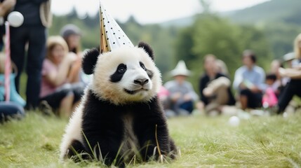 Panda Cub in a Party Hat Surrounded by Spectators