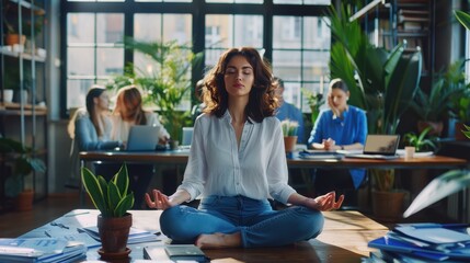 Sticker - The woman meditating in office