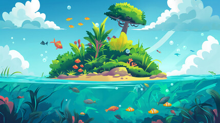 Underwater and island isolation background, game background, slot game element, Illustration
