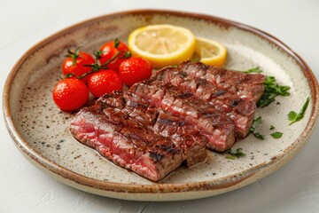 Wall Mural - A plate of steak with tomatoes and lemon slices