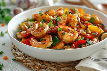 Wall Mural - A bowl of shrimp and vegetables with a white background