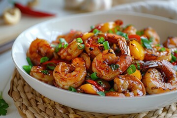 Wall Mural - A bowl of shrimp and vegetables with a white background