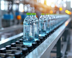 Plastic bottles of water on a conveyor belt in a factory. Concept of industrial packaging and beverage production in a modern manufacturing plant.