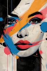 Wall Mural - Painting of attractive woman surrounded by bold lines and splashes of reds, blues, whites, black, and pinks, yellows, creating a dynamic contrast that captures attention.