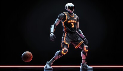 Wall Mural - basketball robot player. robot wearing a jersey playing basketball. robot model basketball athlete. black backround. cool robot in basketball jersey