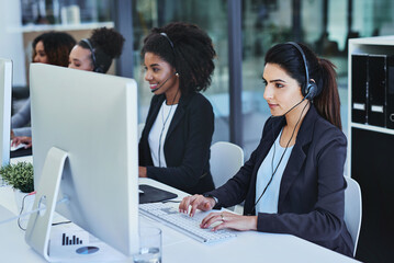 Poster - Woman, headset and call center in office, crm and customer service for conversation and online support. Team, telemarketing and consultant for career, diversity and female people for hotline agent