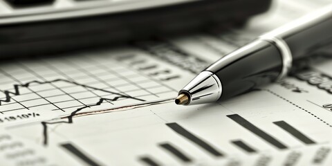 Poster - A pen is on top of a piece of paper with graphs. The pen is black and has a silver tip. The graphs on the paper are in different colors and shapes. Concept of analyzing data