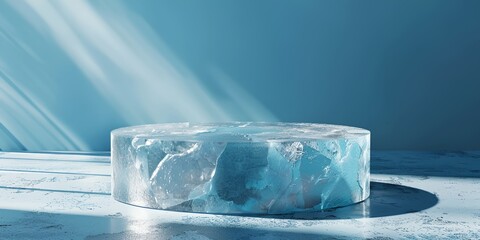 Wall Mural - a blue ice sculpture with a light shining on it. the sculpture is a round base with a blue and white