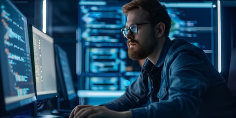 Poster - A man is sitting in front of a computer with a beard and glasses. He is typing on the keyboard