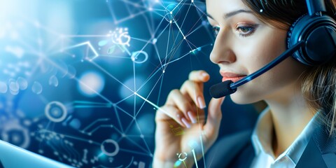Fototapete - A woman wearing a headset is talking on a phone. The background is a computer screen with a lot of lines and shapes
