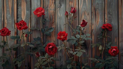 Red roses bloom against a wooden backdrop