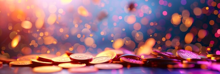 Poster - A pile of gold coins with a blurry background. The coins are scattered and appear to be falling from the sky