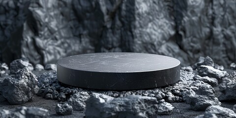 Poster - A large black stone is sitting on a rocky surface. The stone is surrounded by rocks and he is a part of a larger structure. The scene has a rugged and natural feel