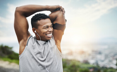 Sticker - Thinking, fitness and happy black man stretching arms with earphones, outdoor exercise and sunrise. Health, wellness and athlete on hill for muscle warm up, workout and morning inspiration with smile