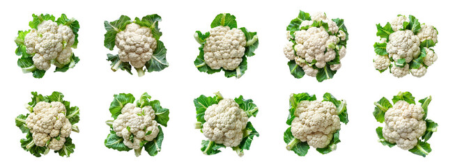 Sticker - Ten freshly harvested cauliflower heads with green leaves, cut out - stock png.