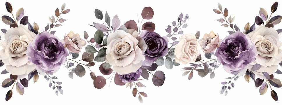 A watercolor floral bouquet illustration set of violet purple blue gold flower green leaf leaves branches bouquets. Ideal for wedding stationary, greeting cards, wallpapers, fashion, backgrounds.