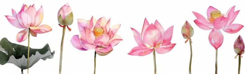 Wall Mural - Clipart images of watercolor lotuses on a transparent background