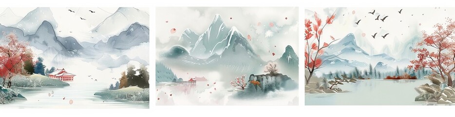The set features a red house and winter watercolor landscapes.