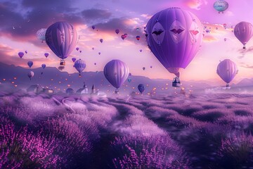 Watercolor illustration of a lavender field with hot air balloons flying above
