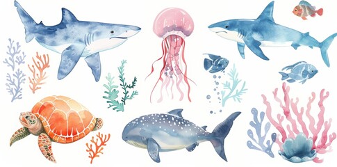 Wall Mural - An illustration set composed of shark, fish, turtle, anchor, coral, jellyfish and lifebuoy. It is a watercolor summer set meant for children.