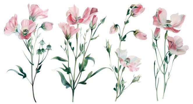 Detailed watercolor illustration of summer plants, pink flowers in isolation on a white background, natural elements, hand drawn botanical illustration