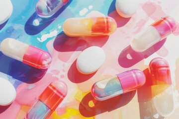 Colorful capsules and tablets on a vibrant background, representing the healthcare and pharmaceutical concept with artistic design.