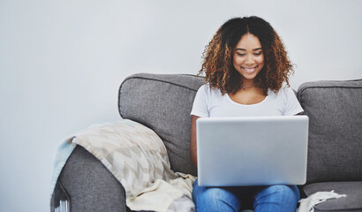 Poster - Couch, laptop and happy black woman networking for online research, freelance project and smile in home. Relax, remote work and girl reading good news email on sofa with computer for web subscription