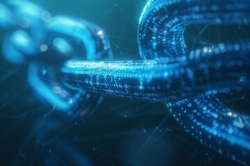 Poster - An example of a block chain network, a distributed register technology, a block chain text and a blue background with a connection to a computer.