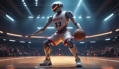 Wall Mural - basketball robot player. robot wearing a jersey playing basketball. robot model basketball athlete. pose robot basketball dribble