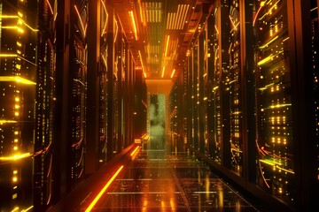 Poster - working data center with rack servers and supercomputers with internet connection visualisation