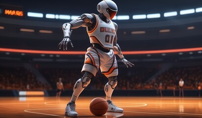 Wall Mural - basketball robot player. robot wearing a jersey playing basketball. robot model basketball athlete. 
basketball player in action