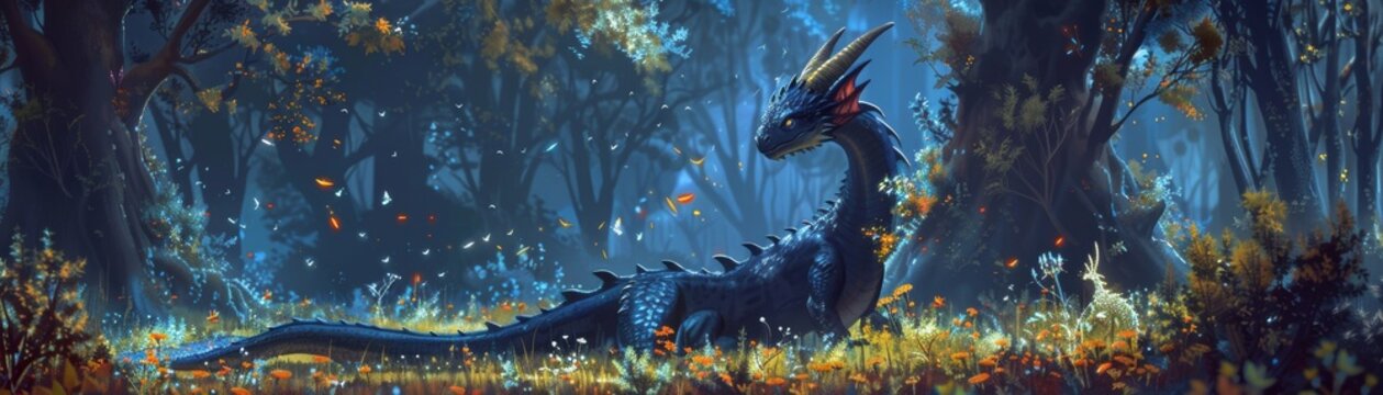In a night forest, a black dragon lies peacefully in a clearing surrounded by many trees, fireflies, and luminous plants. 2D illustration.