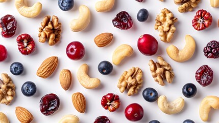 Wall Mural - Mixed nuts and dried fruits, such as cashews, walnuts, almond, red cranberries or blue berries, arranged in an aesthetically pleasing pattern against a white background.