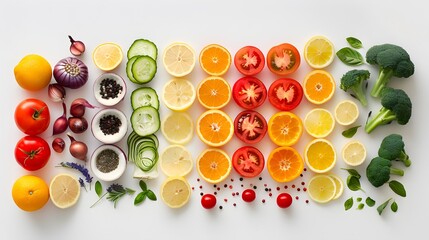 Wall Mural - A flat lay of colorful fruits and vegetables arranged neatly on a white background, including tomatoes, bell peppers, oranges, broccoli, garlic, onion, lemon slices.