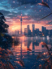 Wall Mural - Enchanting Twilight Over a City Skyline with Towering Landmark and Sparkling Reflections